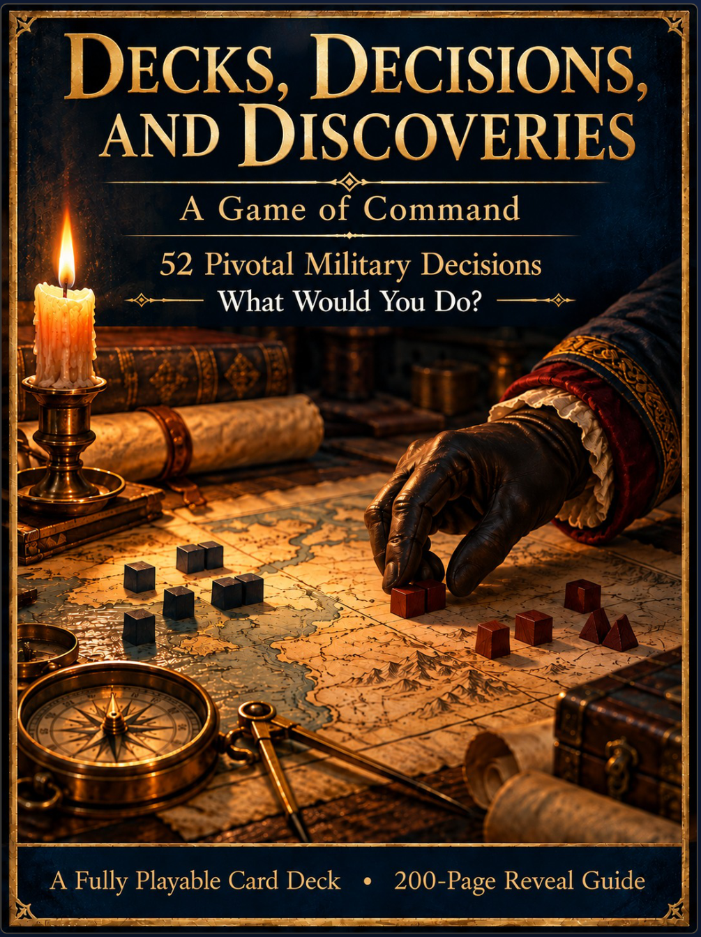 Concept box cover showing a gloved commander's hand moving a marker across an antique campaign map by candlelight